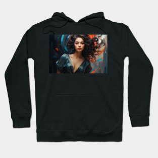 Modern Stunning Brunette Woman — Blue Black Red & Gray Background Hoodie